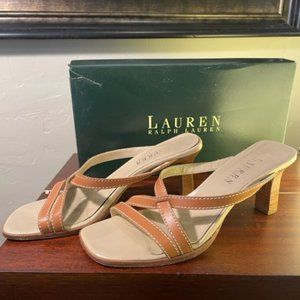 Ladies Ralph Lauren High Heeled Leather sandals Natural Tan sz 7 B